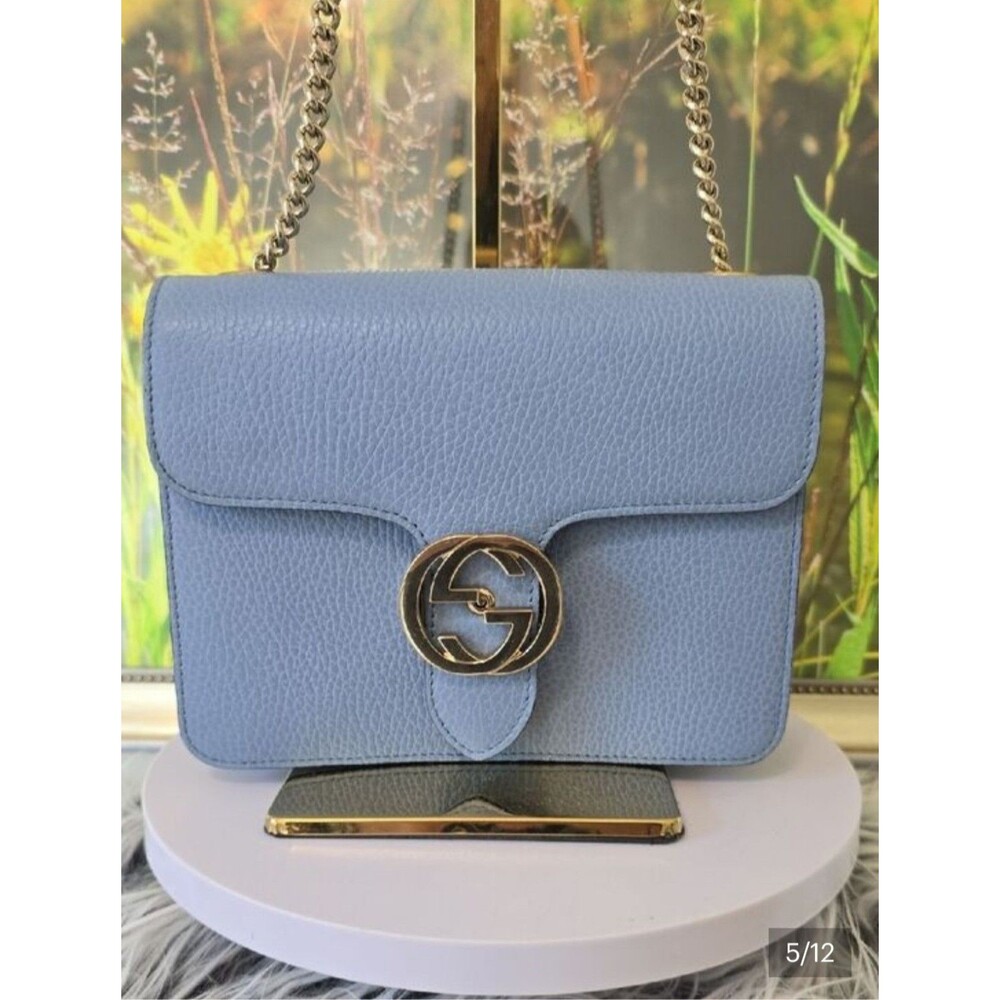 Authentic Gucci Interlocking GG Blue Pebbled Leather Crossbody Bag Gold Chain - Picture 9 of 12